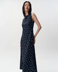 Polka Dot Silk Bias Cut Midi Dress with Cowl Back