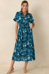 You’ll See Soon Dark Teal Multi Floral Print Belted Midi Shirt Dress