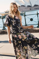 Berlyn One Shoulder Maxi Dress in Black With Pink Floral
