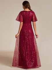 ever ARIA|Shimmering All Over Sequin Short Sleeves A-Line Formal Evening Dress