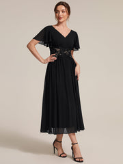 Chiffon Ruffle Sleeve Lace A-Line Wedding Guest Dress
