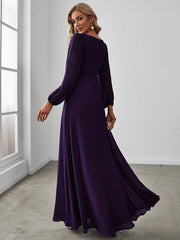ever AMOUR|Elegant Chiffon V-Neckline Long Sleeve Formal Evening Dress