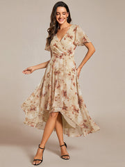 Deep V-Neck Chiffon Ruffle Sleeve Wedding Guest Dress