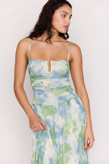 Carrie Green Watercolour Floral Mesh Strappy Maxi Dress