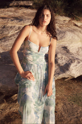 Carrie Green Watercolour Floral Mesh Strappy Maxi Dress