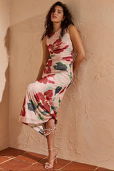 Arabella Red Floral Mesh Sleeveless Midi Dress