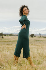 Cotton Cashmere Wool V Neck Knit Dress – Green