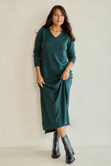 Cotton Cashmere Wool V Neck Knit Dress – Green
