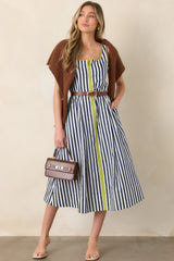 All Smiles Navy & Chartreuse Stripe Cotton Midi Dress