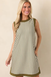 On the Roster Olive & Ivory Striped Shift Mini Dress