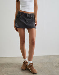 Ripped Raw Hem Denim Mini Skirt in Vintage Black