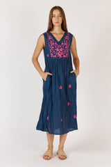 Andaman Cotton Midi Dress - Navy