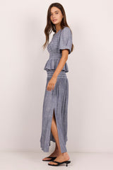Byron Light Blue Chambray Shirred Waist Maxi Skirt