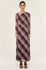 Arles Chocolate Check Mesh Asym Neck LS Midi Dress