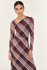 Arles Chocolate Check Mesh Asym Neck LS Midi Dress