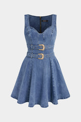 Denim Metallic Double Belted Sleeveless Mini Dress