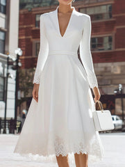 Basic V-neck Long Sleeve Plain Midi Dress