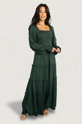 Amanda Smocked Dotted Maxi Dress | Evergreen