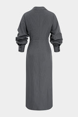 Stripes Print V-Neck Ruched Long Sleeve Maxi Dress