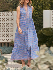 Blue Block Print V-neck Sleeveless Tiered Maxi Dress