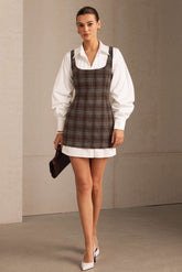 Solid Long Sleeve Shirt And Plaid Print Mini Dress Set