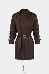 Satin Stand Collar Belted Long Sleeve Mini Dress