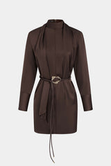 Satin Stand Collar Belted Long Sleeve Mini Dress