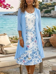 Blue Floral Print Chiffon Two-Piece Midi Dress