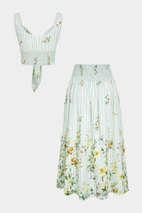 Floral Print Tie Front Ruched Tank Top And Smocked Skirt Set