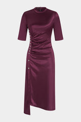 Satin Metallic Button Ruched Short Sleeve Midi Dress