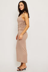 Beige Bodycon Dress Halter Neck