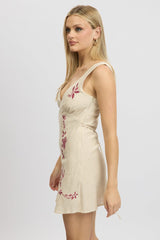 Beige Mini Dress V Neck Embroidery