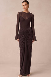 Mesh Patchwork Ruched Bell Long Sleeve Maxi Dress