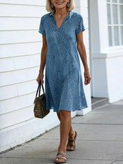 Blue Ditsy Dot Collared Short Sleeve A Line Midi Dress