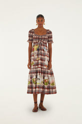 Brown Country Table Tartan Smocked Maxi Dress