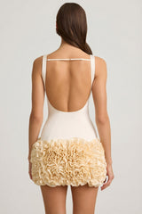 Satin Floral Appliqu¨¦ Open-Back Mini Dress in Ivory