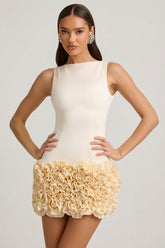Satin Floral Appliqu¨¦ Open-Back Mini Dress in Ivory