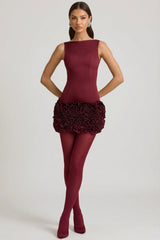 Satin Floral Appliqu¨¦ Open-Back Mini Dress in Wine Red