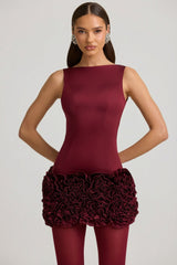 Satin Floral Appliqu¨¦ Open-Back Mini Dress in Wine Red