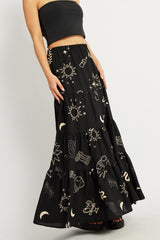 Black Abstract Maxi Skirt Tiered High Rise Elastic Waistband
