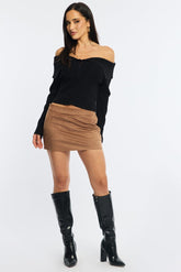 Beige Suede Mini Skort Skirt Mid Rise Faux Leather