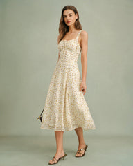 Apricot Floral Zipper Slip Midi Dress