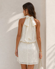 Beige Mock Neck Lace Tie Mini Dress