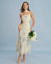 Beige Floral Tie Chiffon Maxi Dress