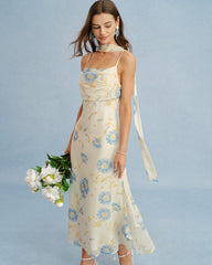 Beige Floral Tie Chiffon Maxi Dress
