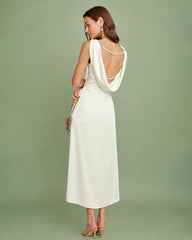 Apricot Boat Neck Pearl Satin Midi Dress