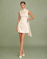 Apricot Boat Neck Tie Satin Mini Dress