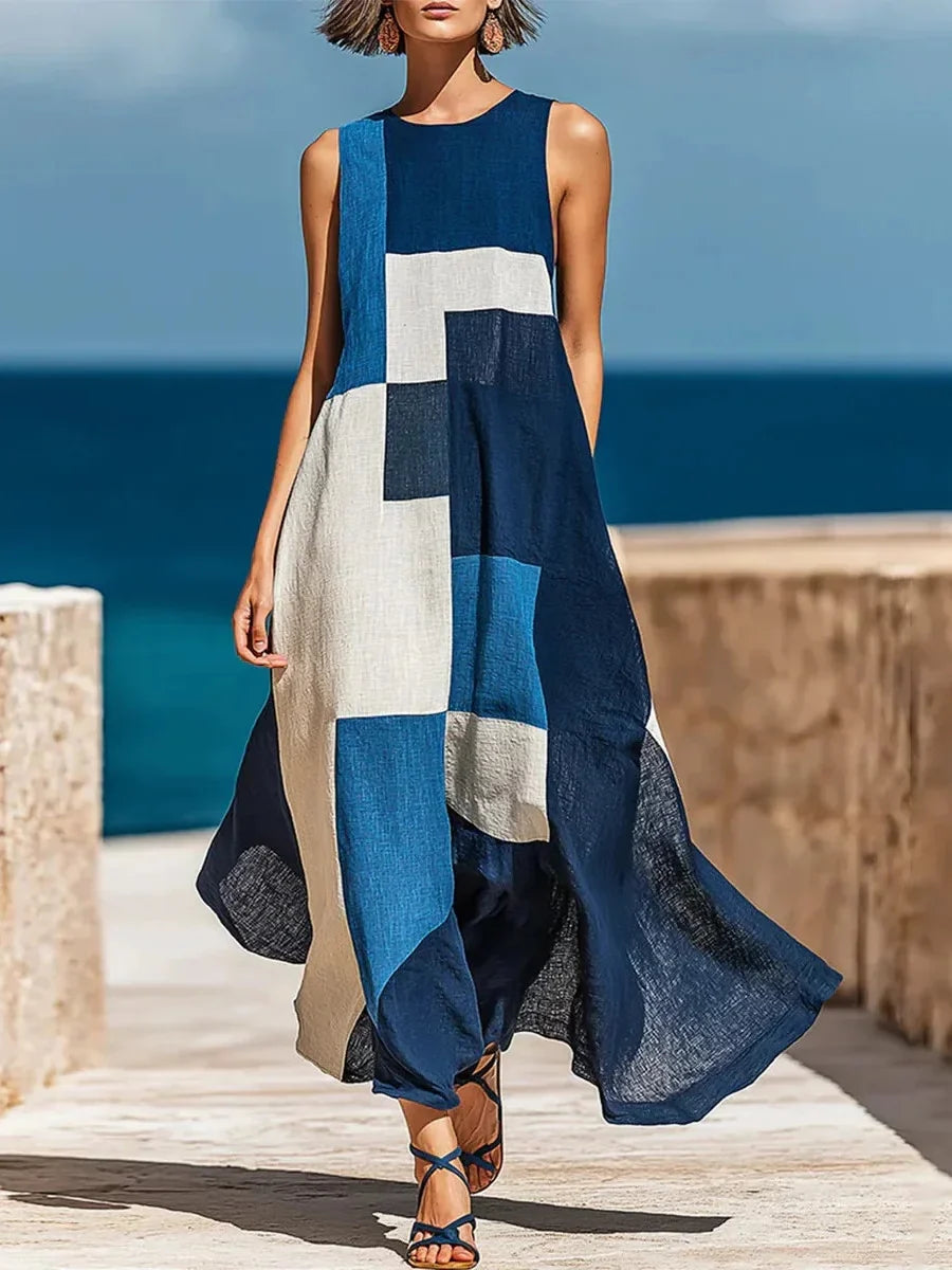 Blue Color Block Round Neck Sleeveless Maxi Dress