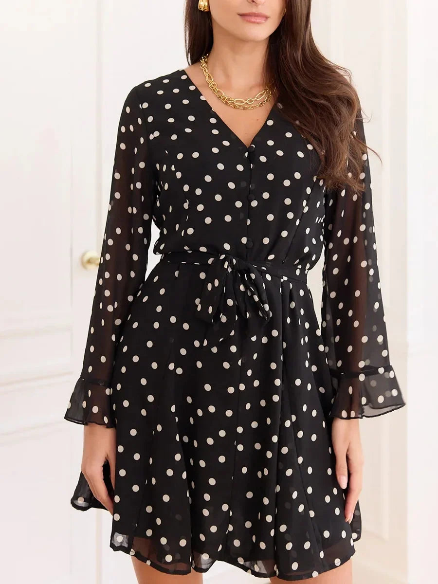 Black Polka Dot Print V-neck Long Sleeve Mini Dress