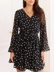 Black Polka Dot Print V-neck Long Sleeve Mini Dress